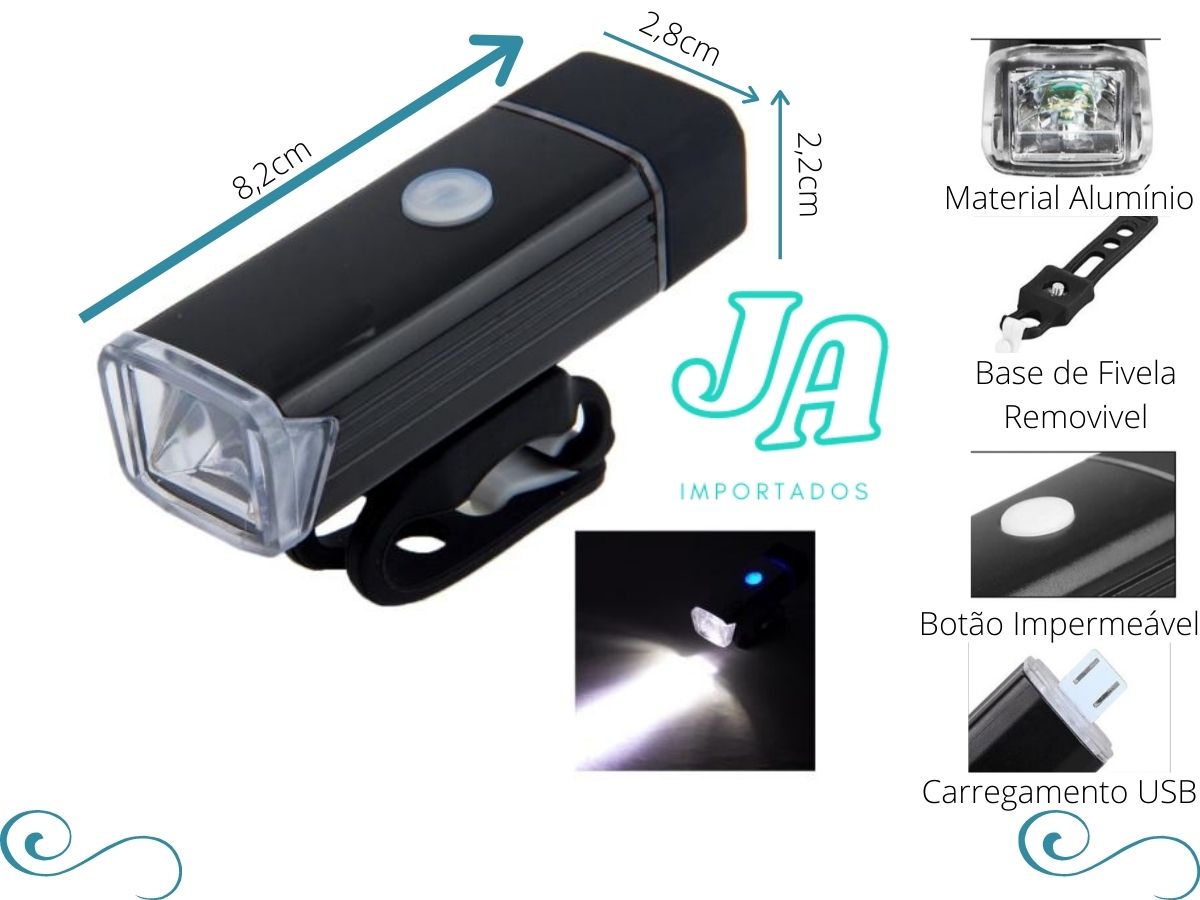 Farol lanterna led para bicicleta luz forte recarregável usb - J.A Importados