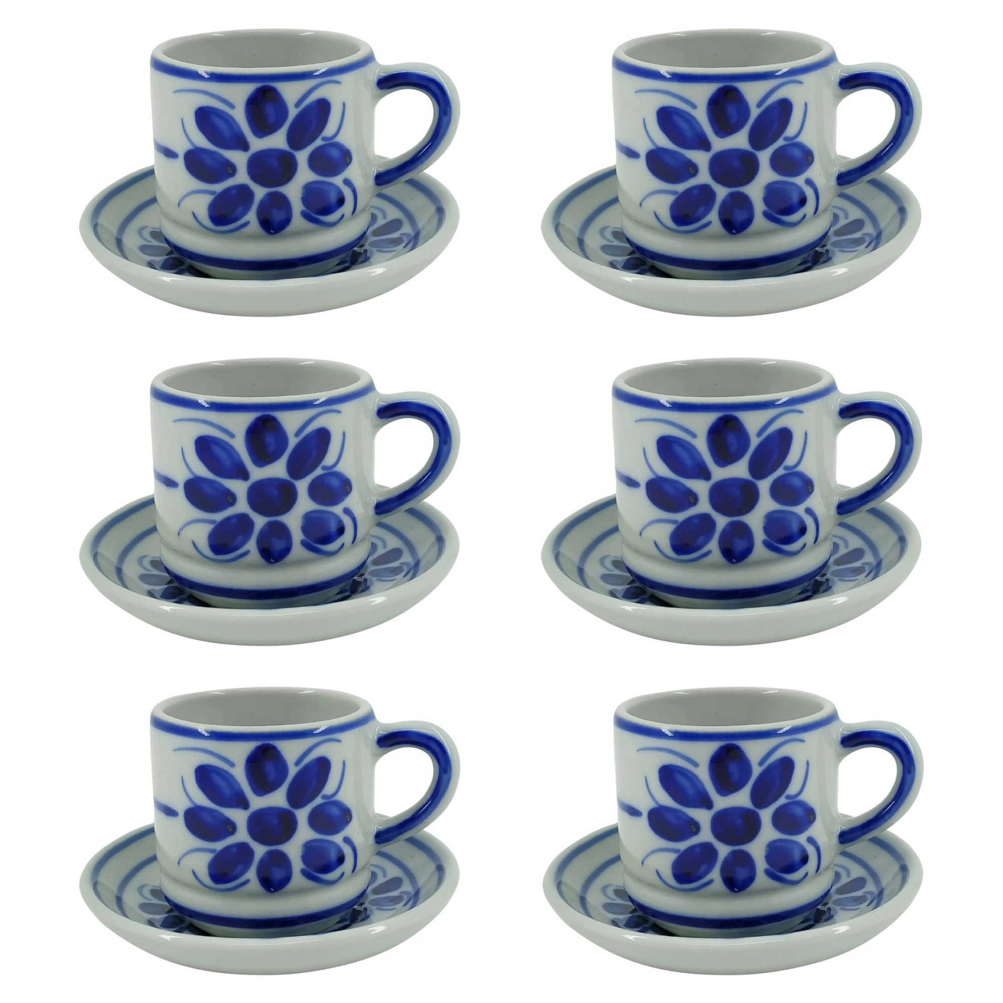 Jogo de 6 Xícaras de Chá e Pires em Porcelana Azul Floral 200 ml