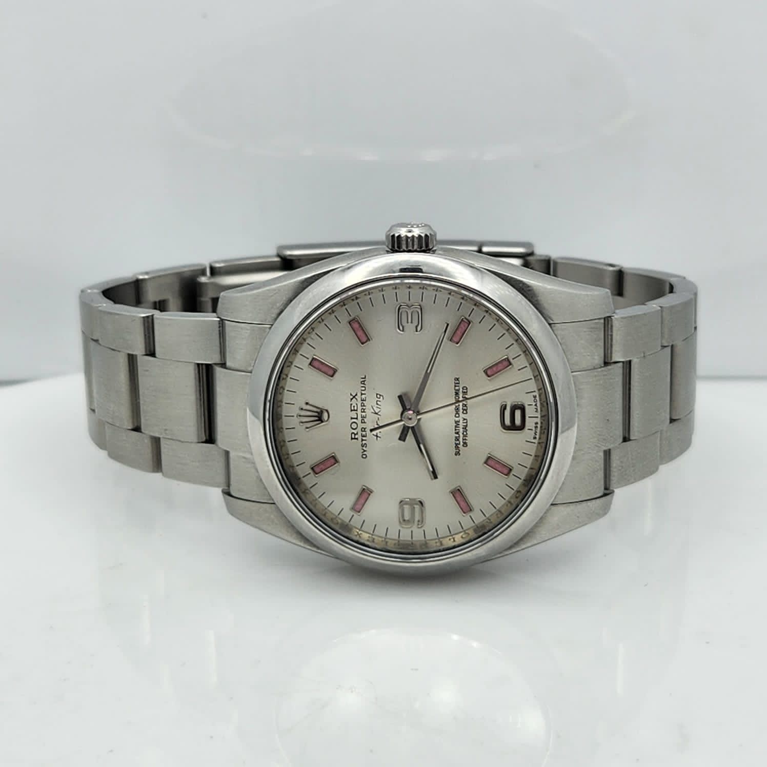 Rolex Oyster Perpetual 34mm Silver Dial Pink Index Completo
