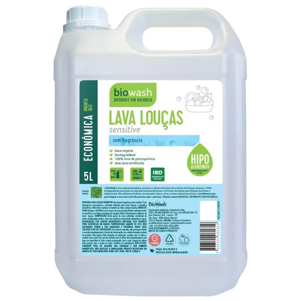 Lava Louças Detergente Biodegradável Sensitive Econômico 5L - Biowash