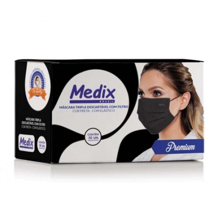 Máscara tripla descartável com filtro Medix Preta - cx c/50