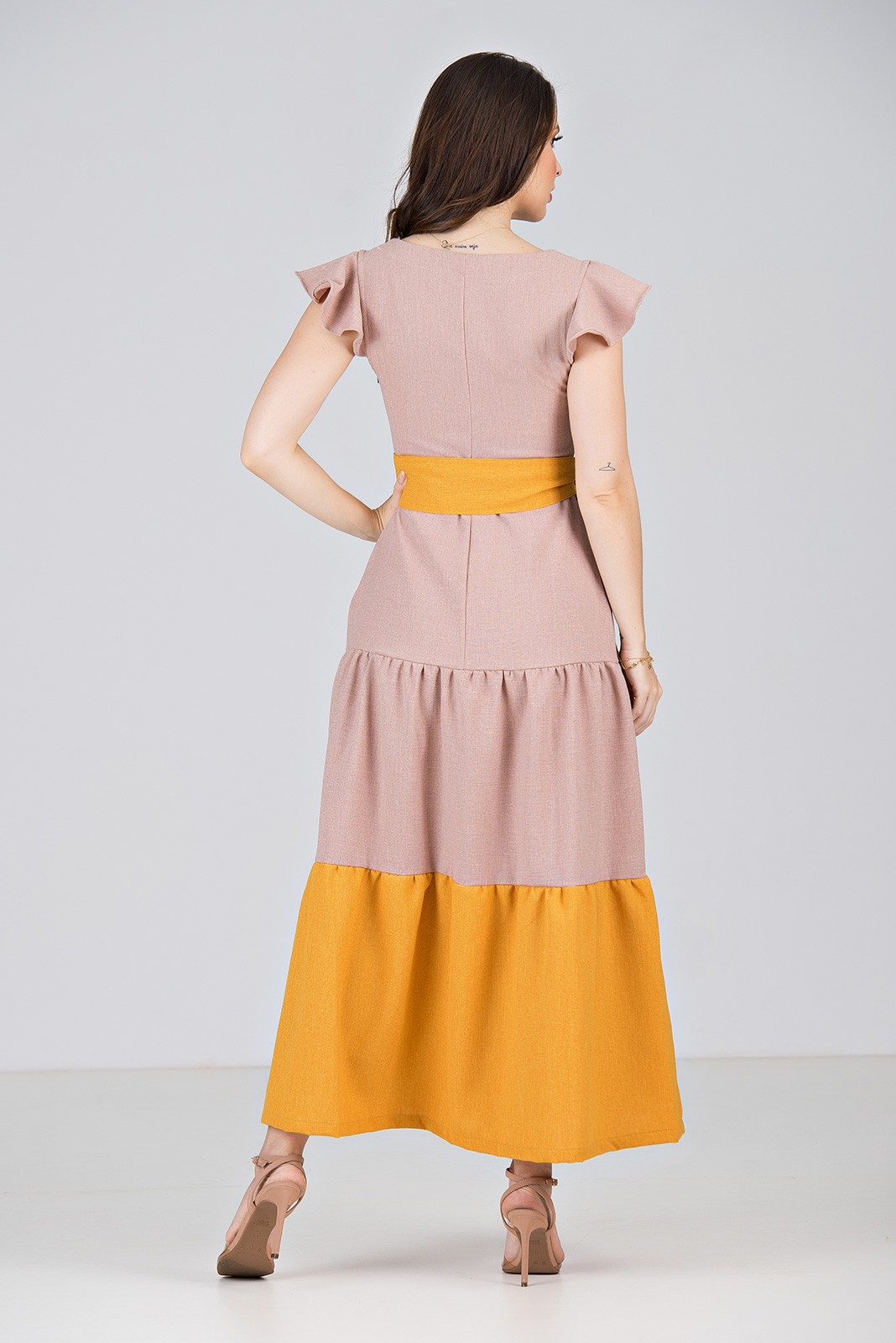 Vestido Longo em Linha Texturizada Bicolor Rosê\Amarelo - Midsize