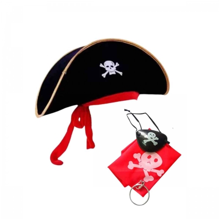 Kit acessórios Pirata Tapa Olho+Brinco+Bandana+chapéu