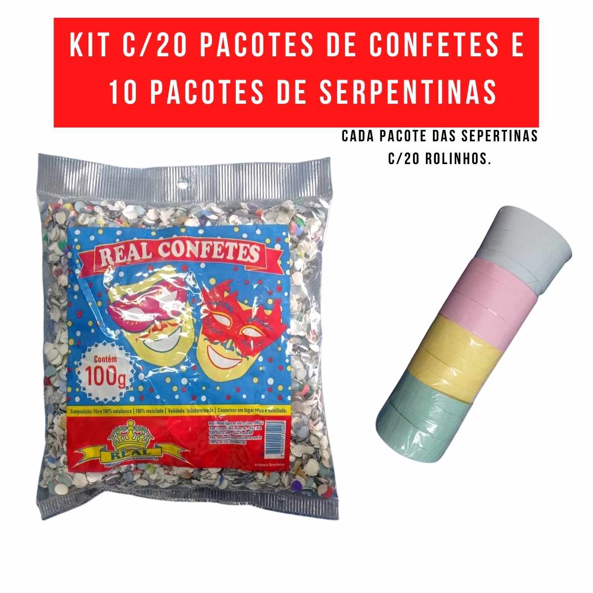 Kit Carnaval com 20 Confetes 100g + 10 Serpentinas (c/20 rolinhos)
