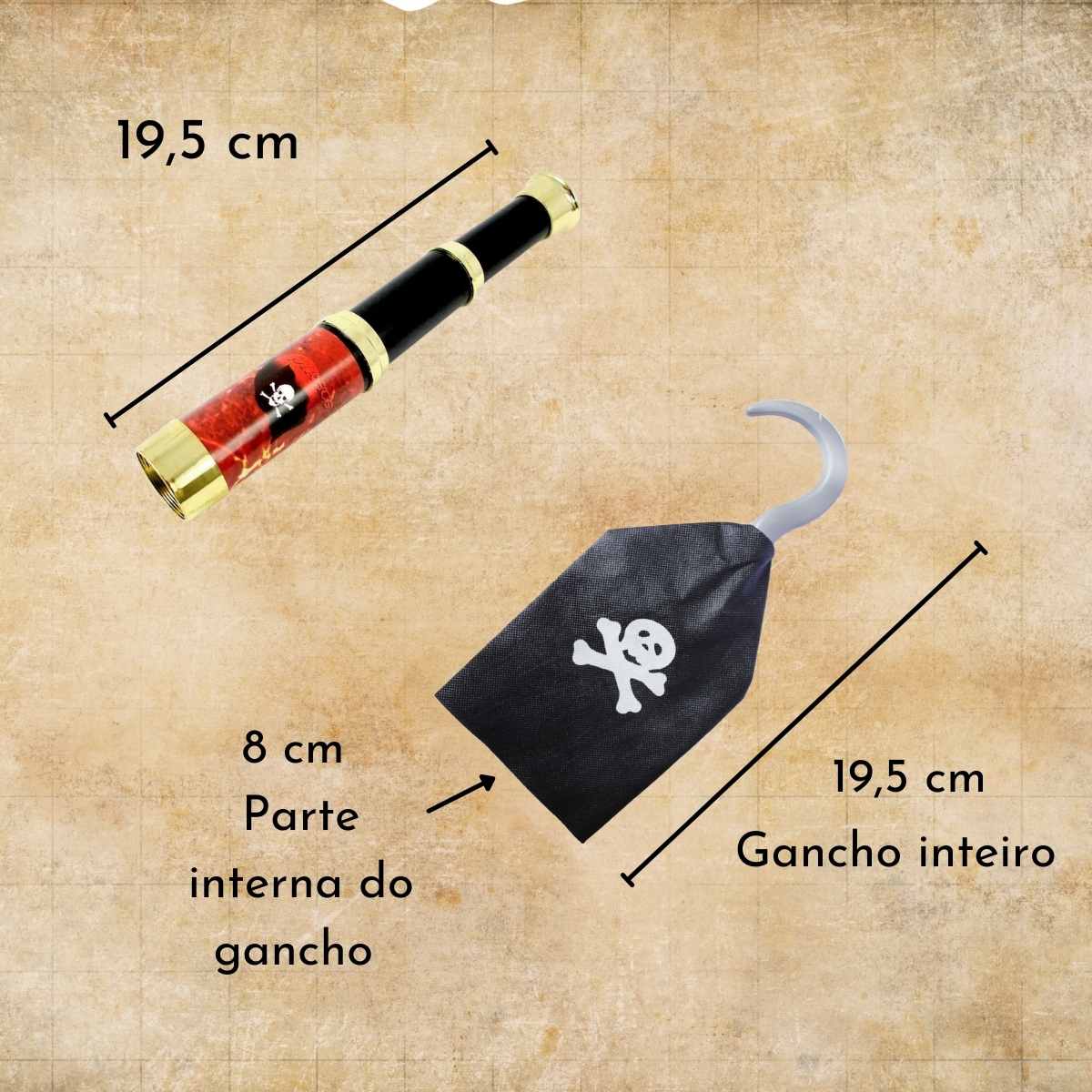 Kit Pirata Armas (Kit Pirata (Espada,Óculos e Tapa Olho) + Luneta plástico + gancho pirata)