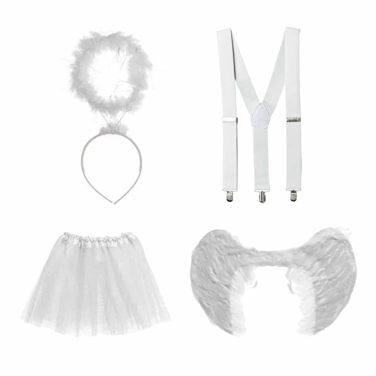 Kit Anjinha (Saia de Tule Branca Adulto + Suspensório Branco + Tiara Anjo com Aureola + Asa de Anjo Branca Pequena)