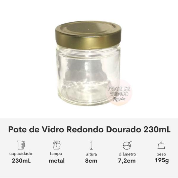 Pote de Vidro Redondo C/ Tampa Metal 230mL Dourado Ouro - Kit De 50 Unidades