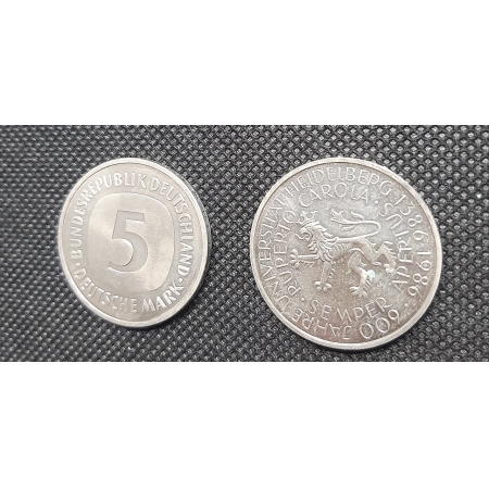 Alemanha - 2 moedas diferentes de 5 marcos, 1983 L,G e 1986, L,D.