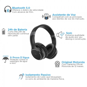 Fone de Ouvido Bluetooth Motorola Moto XT 220 - Som em HD - com Microfone Embutido - Autonomia até 24 horas - Preto