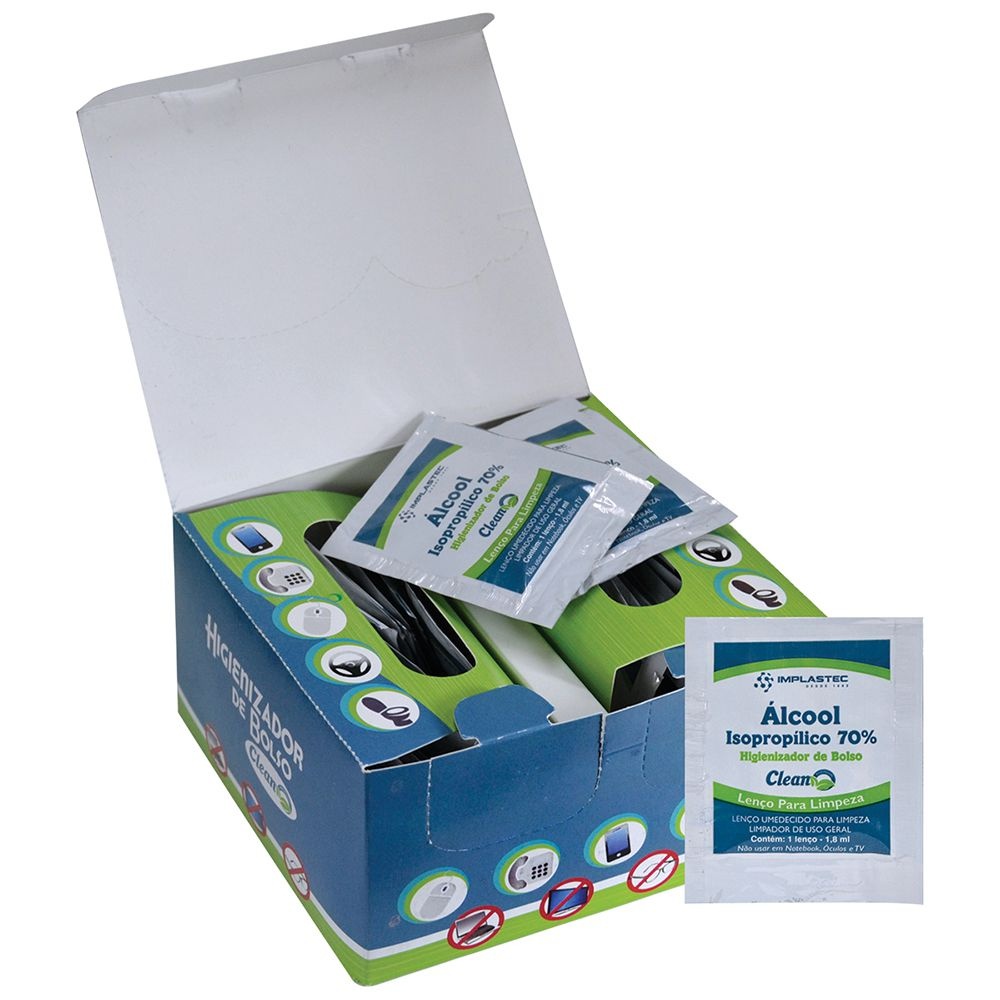 Higienizador de Bolso Clean Implastec - Lenço Umedecido em Álcool Isopropílico 70% - Caixa com 50 Sachês