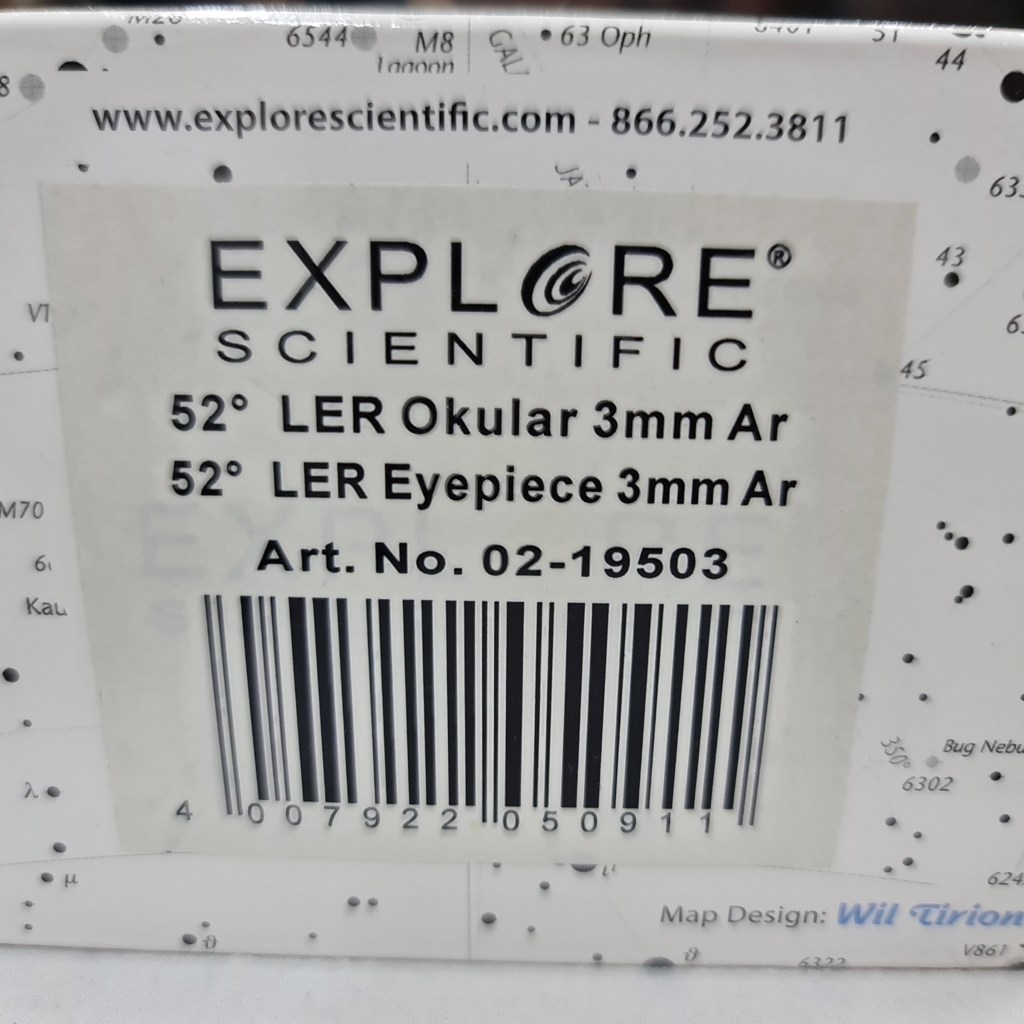 Ocular 3mm - 1,25"  52 Graus - Argônio Linha LER - EXPLORE SCIENTIFIC
