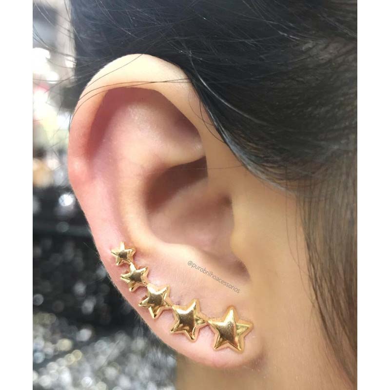 Brinco Ear Cuff Formato de 5 Estrelas Folheado a Ouro 18K