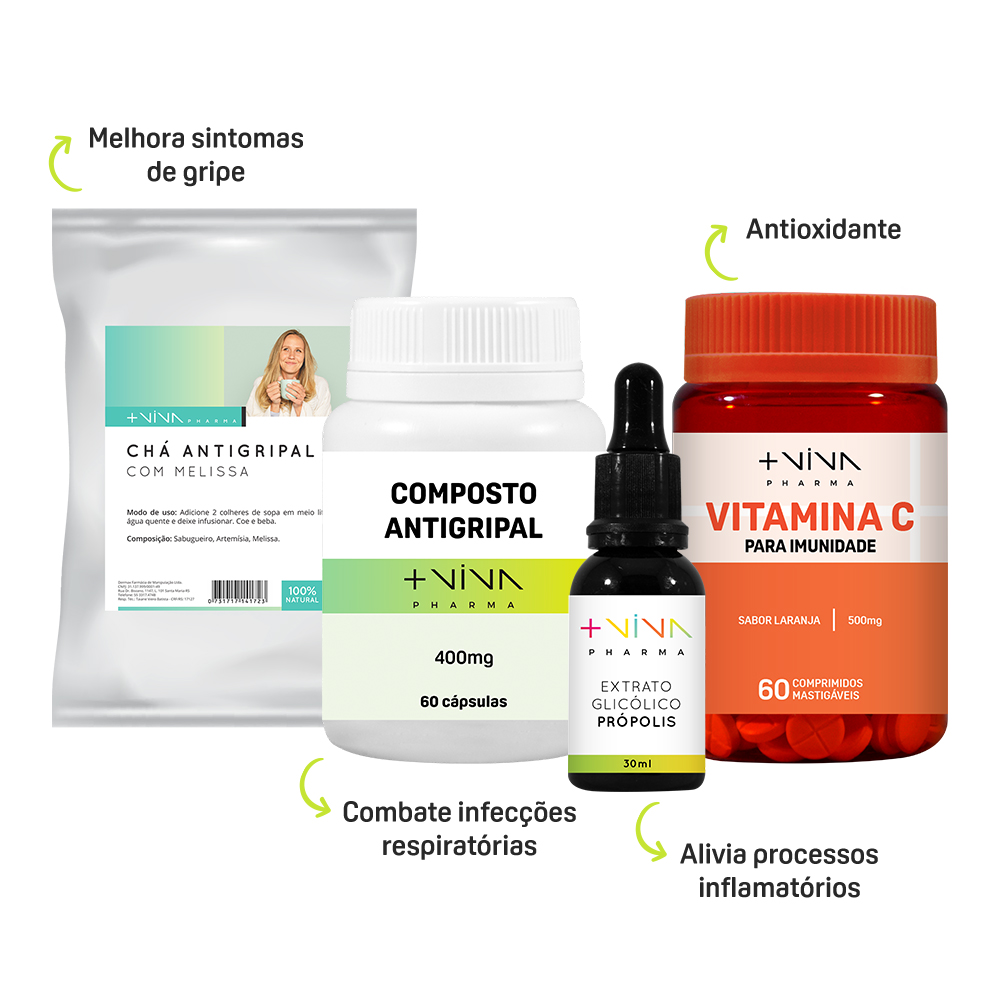 COMBO | Chá Antigripal 80g + Extrato Glicólico de Própolis 30ml + Composto Antigripal 400mg + Vitamina C - 60 Comprimidos Mastigáveis