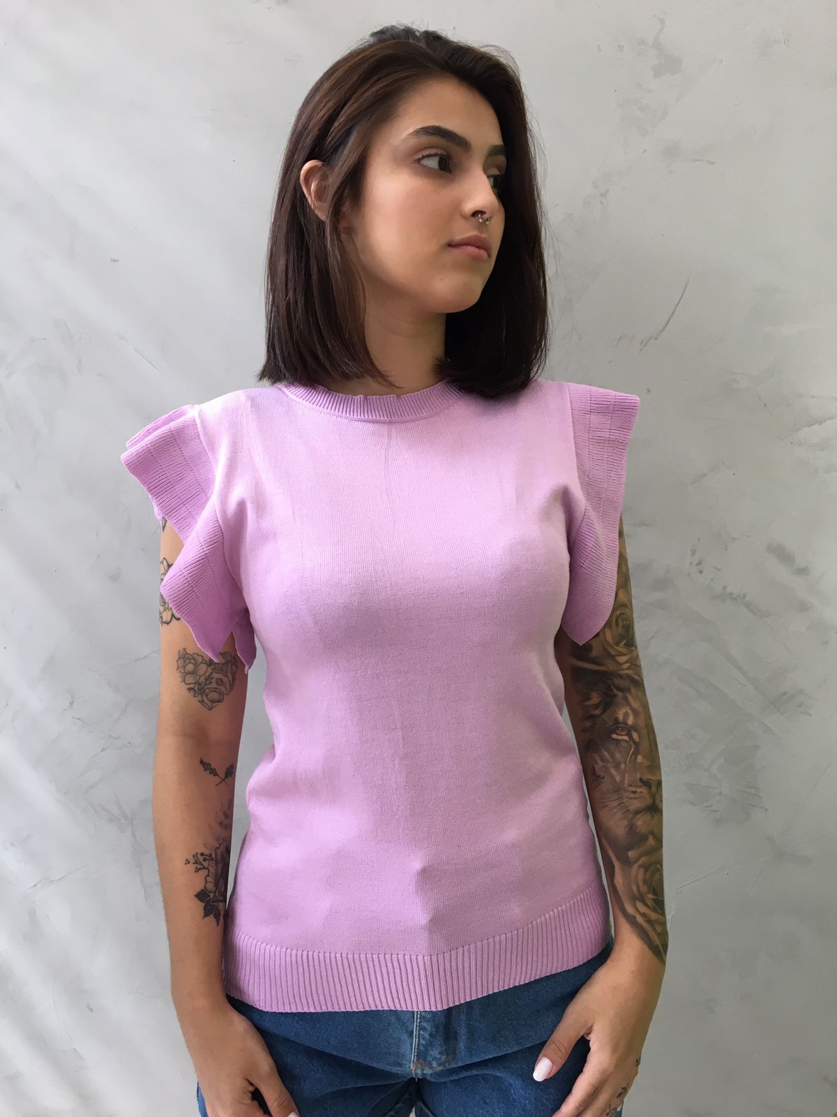 Blusa de Tricot com babado manga lilas