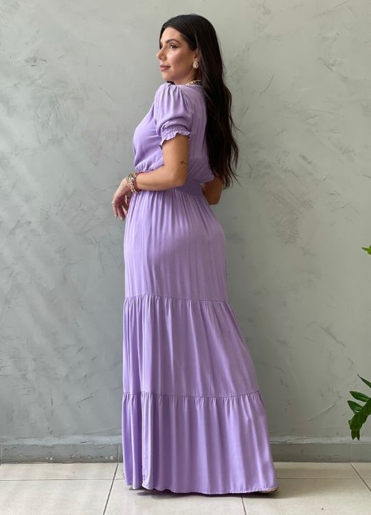 Vestido longo acinturado lilás