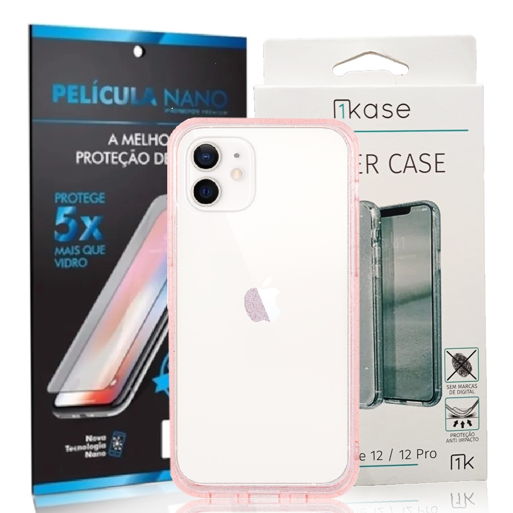 Capa Ikase Gliter Rosa + Película Nano Protector Premium - Iphone 12 /12 Pro