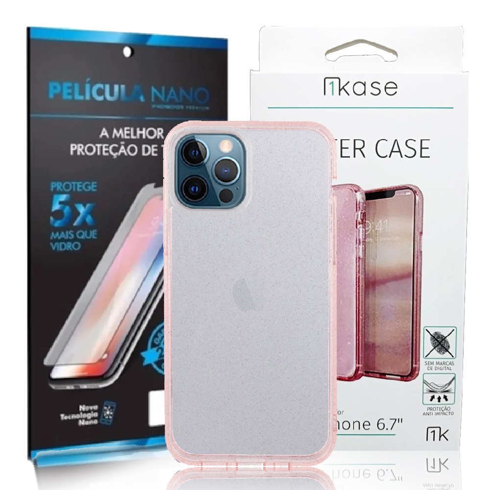 Capa Ikase Gliter Rosa + Película Nano Protector Premium - Iphone 12 Pro Max