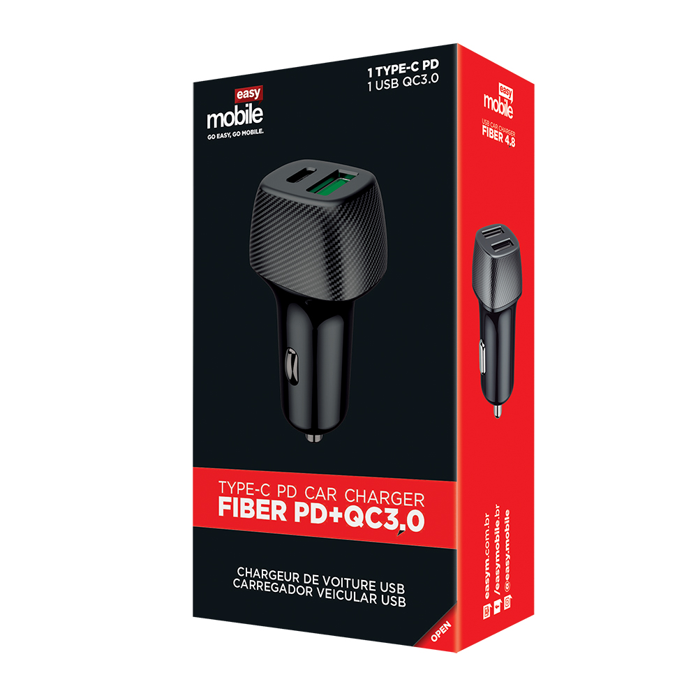 Carregador Veicular USB Fiber PD+QC3.0 - Easy Mobile