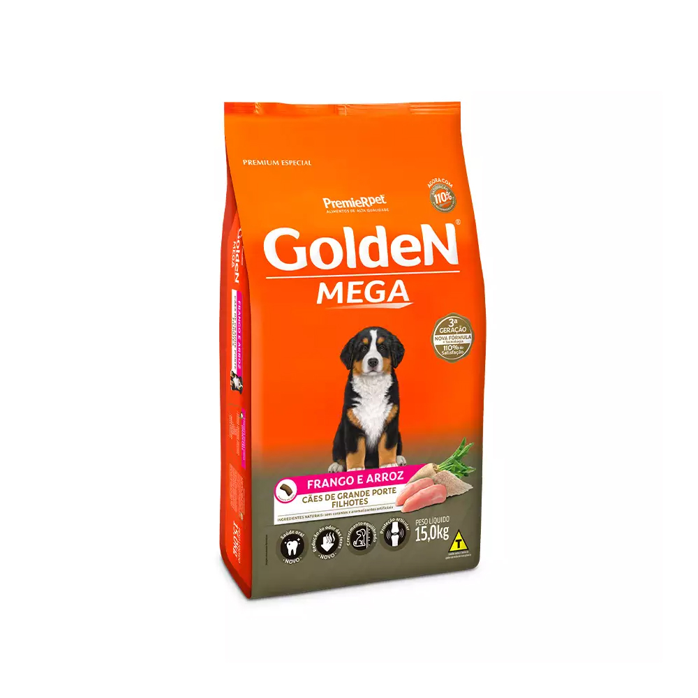 Ração Golden Mega para Cães Filhotes de Raças Grandes Sabor Frango e Arroz 15kg