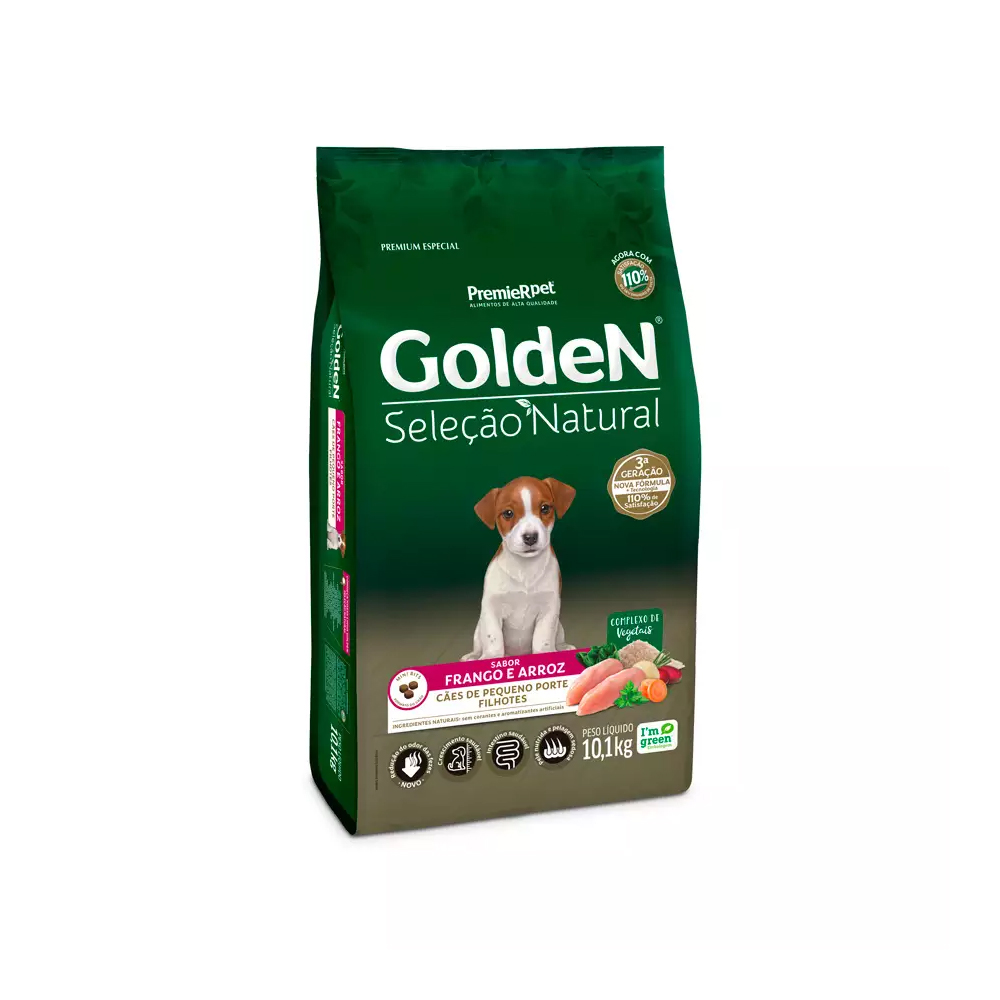 Ração Golden Seleção Natural Mini Bits para Cães Filhotes de Raças Pequenas Sabor Frango e Arroz 10,1kg
