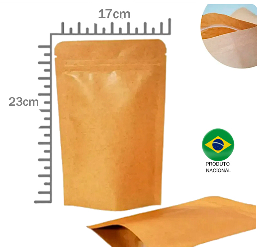 Saco Stand Up Pouch Papel Kraft 17x23 +3 Fecho Zip c/ 50Unid