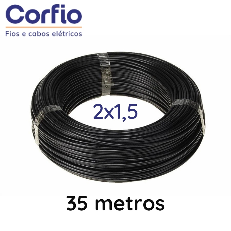 Cabo Flexível PP Corfio 500V 2x1,5mm Preto Rolo com 35 Metros