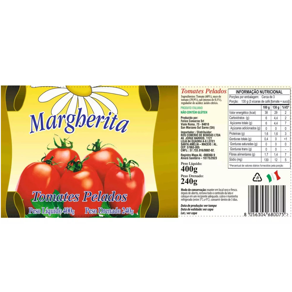 Tomate Inteiro sem pele MARGHERITA - San Marzano - 400 g