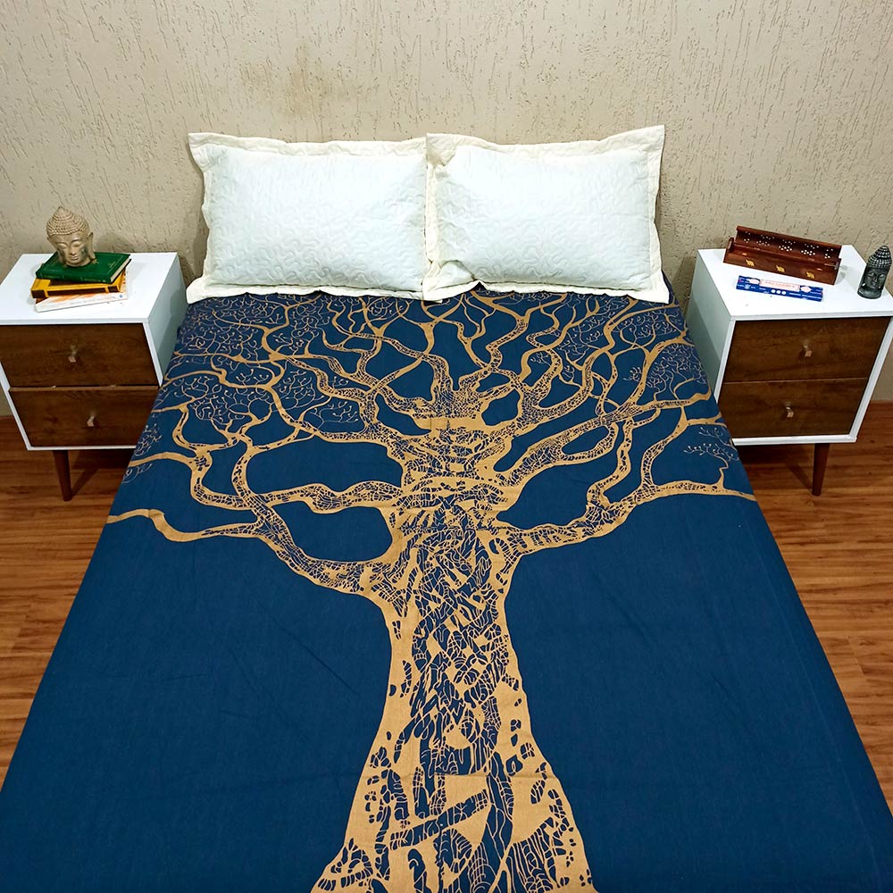 Colcha Indiana Casal Árvore Da Vida Azul Cobre Leito Painel