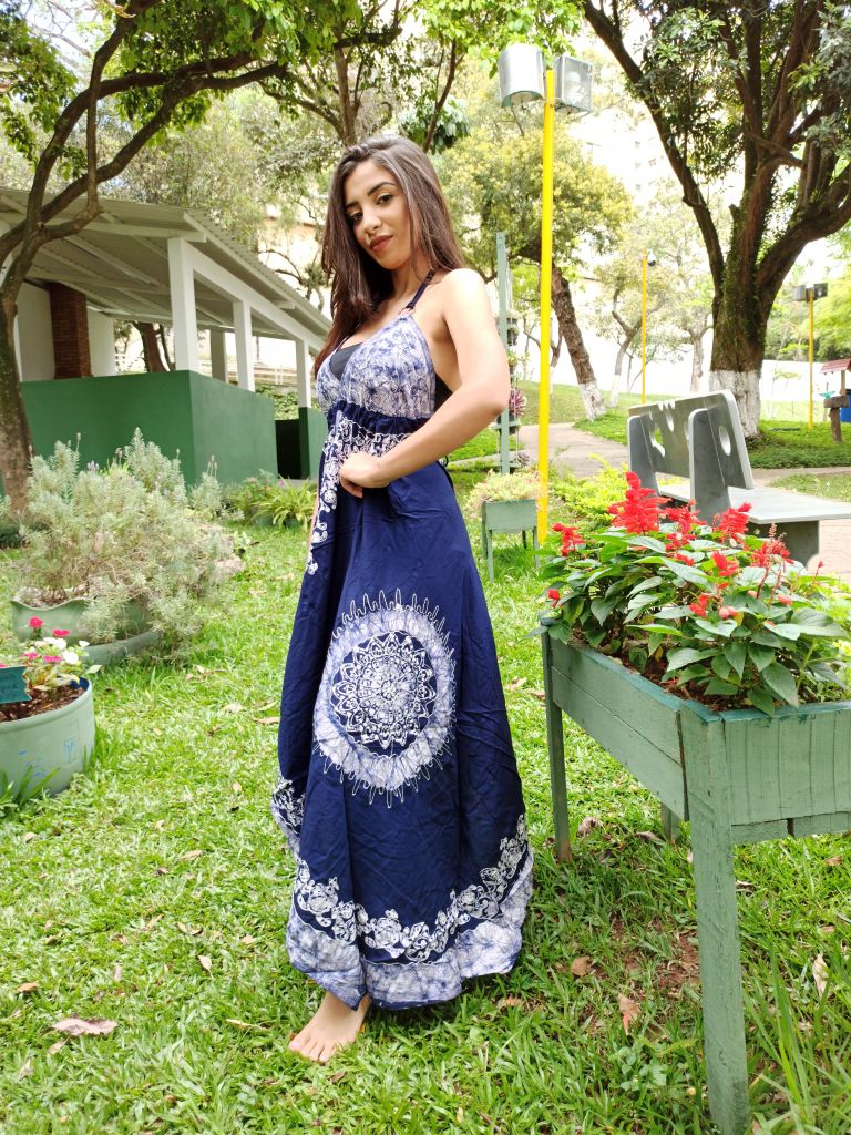 Vestido Indiano Lenço Batik Longo Azul Marinho Boho Premium