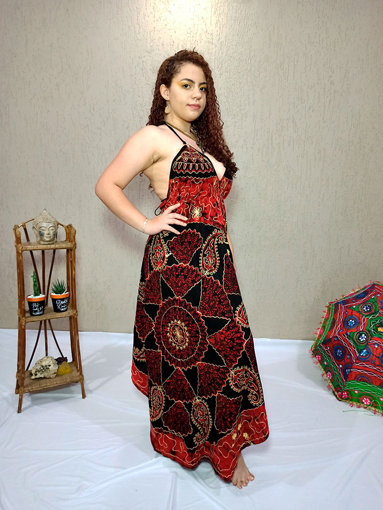 Vestido Indiano Longo Lenço Batik Stone Vermelho