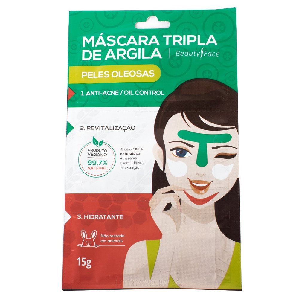 Máscara Tripla de Argila Peles Oleosas Beauty Face 15g