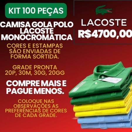 Kit 100 Peças-Camisa gola polo Lacoste Monocromática