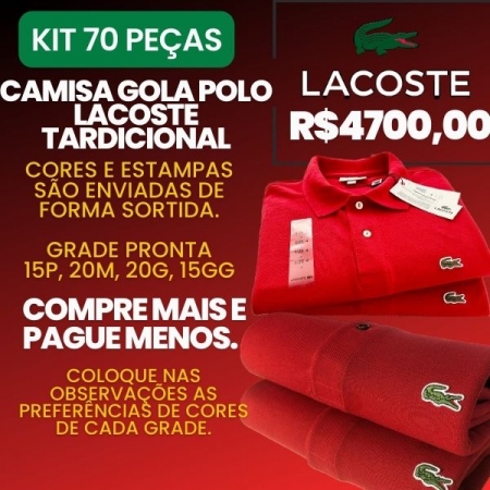 Kit 70 Peças-Camisa gola polo Lacoste Tradicicional