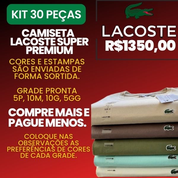 Kit 30 peças- Camiseta Lacoste Tradicional - Atacado Peruanas Premium
