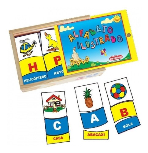 Alfabeto Ilustrado - Brinquedo Para Alfabetização - Em Madeira - 78 Peças