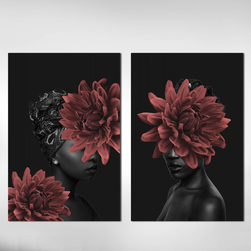 Kit 2 Quadros Decorativos Negra Com Flores Vermelhas