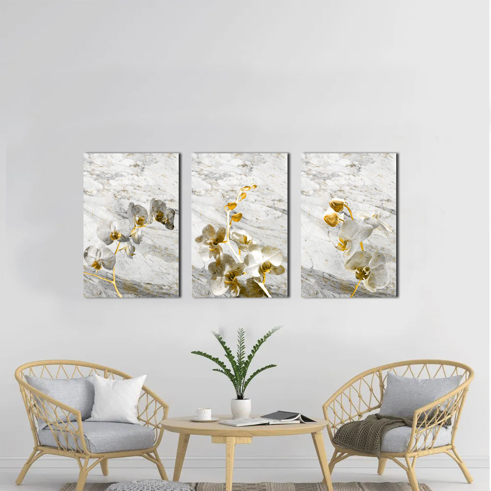 Kit 3 Quadros Decorativos Flores Brancas com Dourado