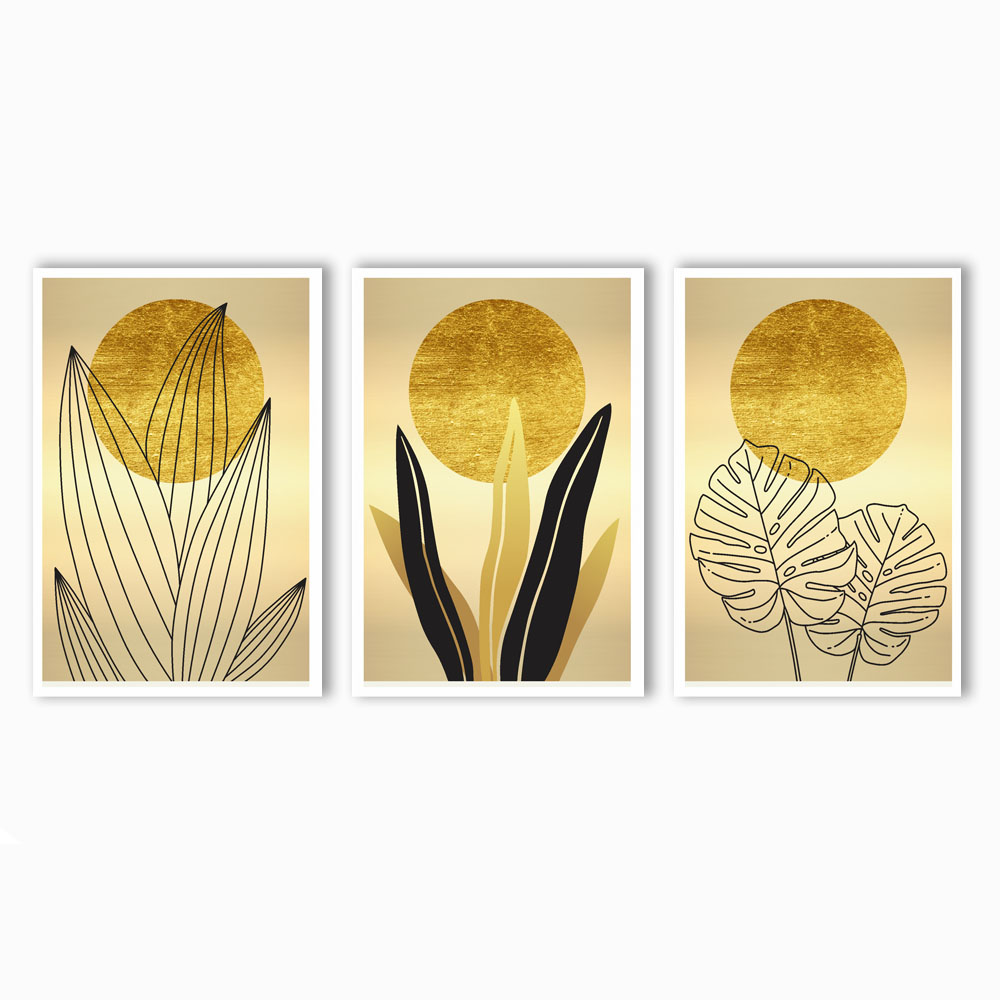 Kit 3 Quadros Decorativos Folhagem Dourada