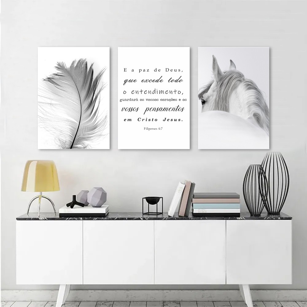 KIt Quadros Decorativos Cavalo Branco e Frases