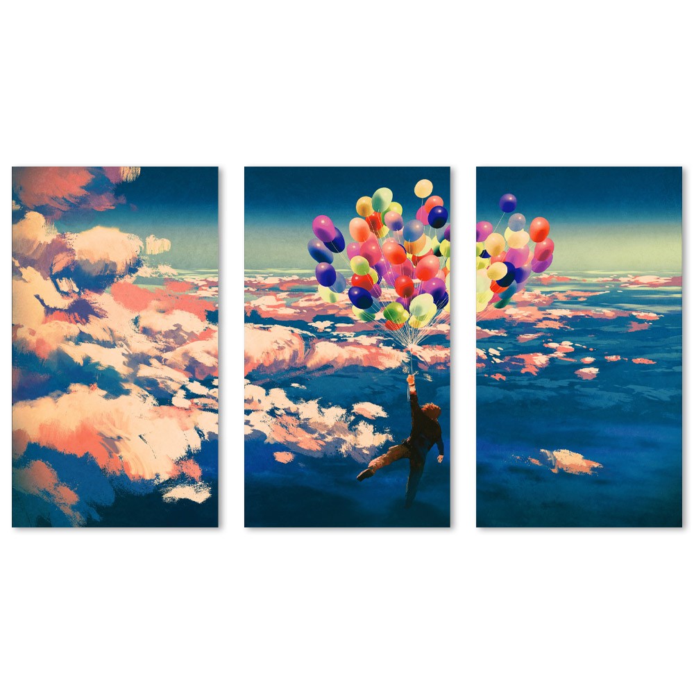 Kits 3 Quadros Decorativos Pintura na Nuvem com Balão