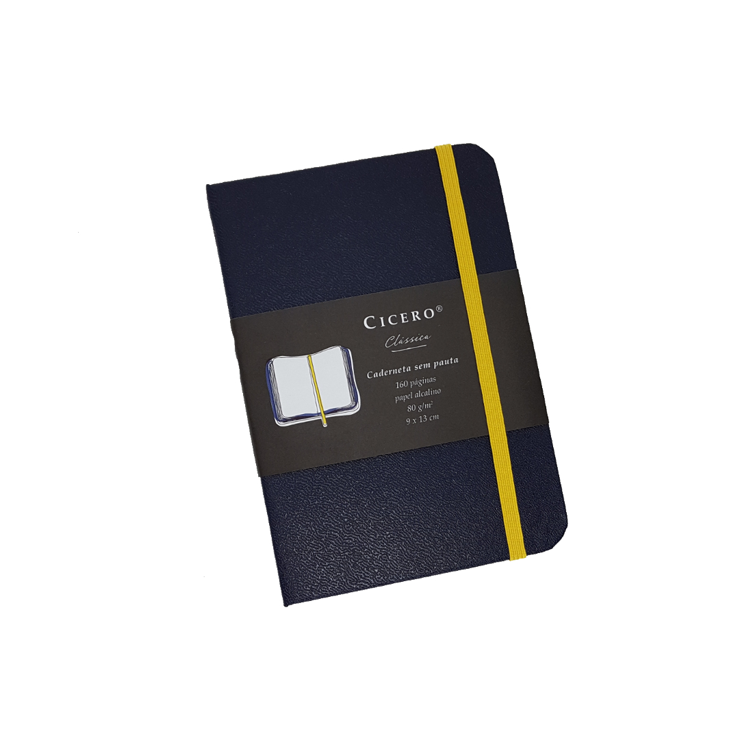 Caderneta Cícero Clássica Azul Marinho com Elástico Amarelo Sem Pauta Pequena