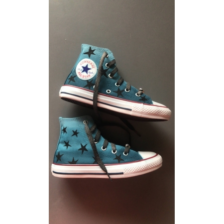 Tênis All Star Infantil Cano Alto Azul Petroléo Degradê + Estrelas Pretas com cadarço colorido
