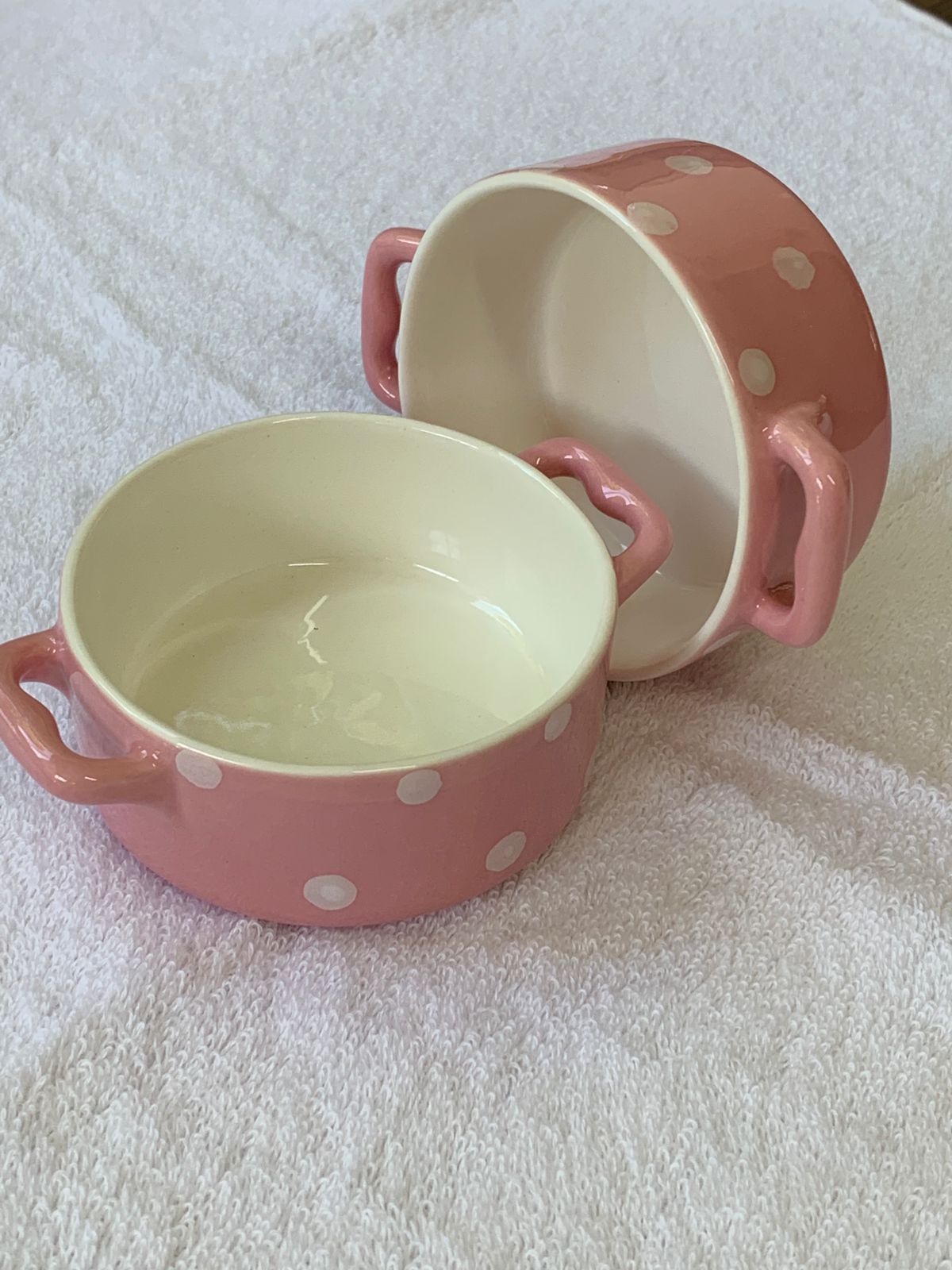 Mini panela caçarola ceramica rosa de bolas brancas