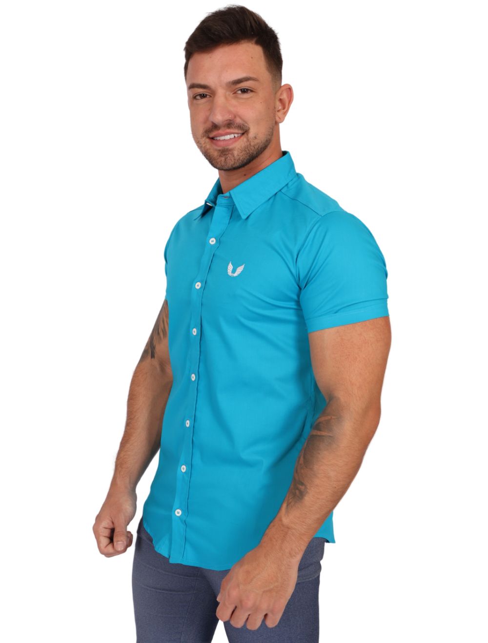 Camisa Masculina Manga Curta Lisa Azul