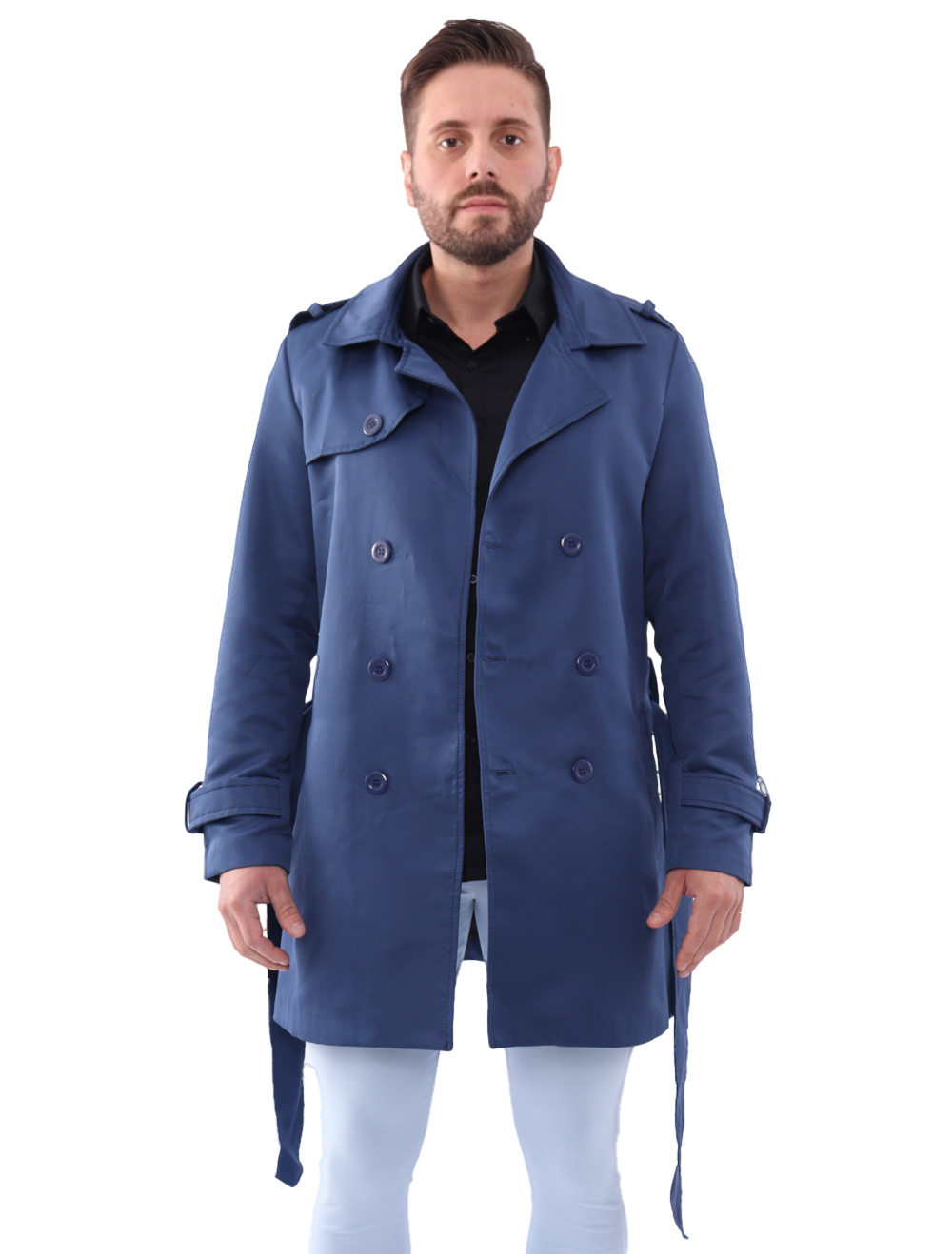 Casaco Masculino Capa Trench Coat Slim Azul