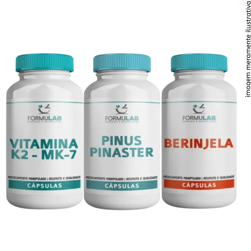 KIT - Vitamina k2 - mk7 - 100mcg 120 Cápsulas + Pinus Pinaster 50mg 120 Cápsulas + Berinjela 500mg 120 Cápsulas