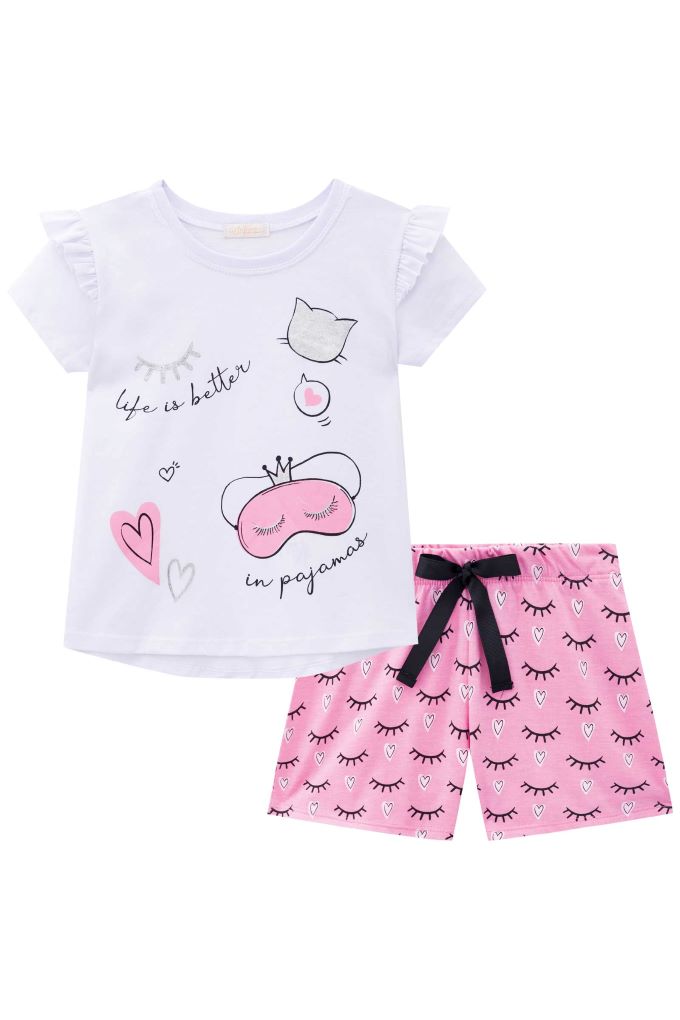 Pijama infantil blusa manga curta com babado e short em algodão estampado - Tam 2 a 10 anos