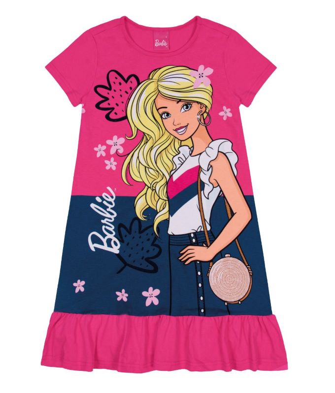 Vestido infantil manga curta Barbie em algodão - Tam 6 a 12 anos
