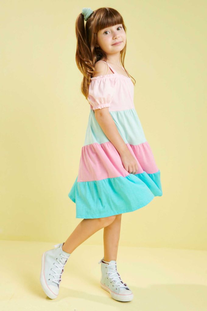 Vestido infantil manga curta color block -Tam 4 a 12 anos