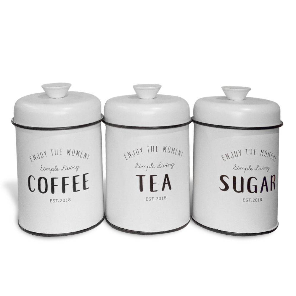 Conjunto 3 Recipientes Para Chá, Café E Açúcar Em Inglês Branco E Preto